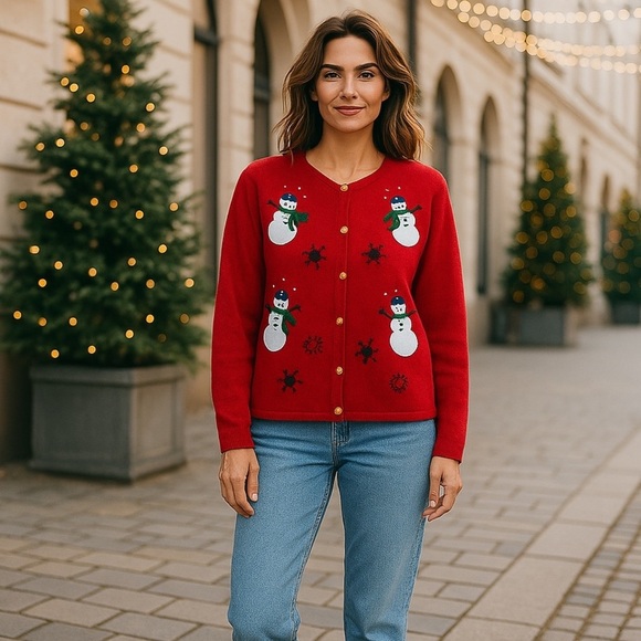 Vintage Holiday Cardigan Ugly Christmas Sweater Button Up Womens Petite Large - Picture 16 of 16